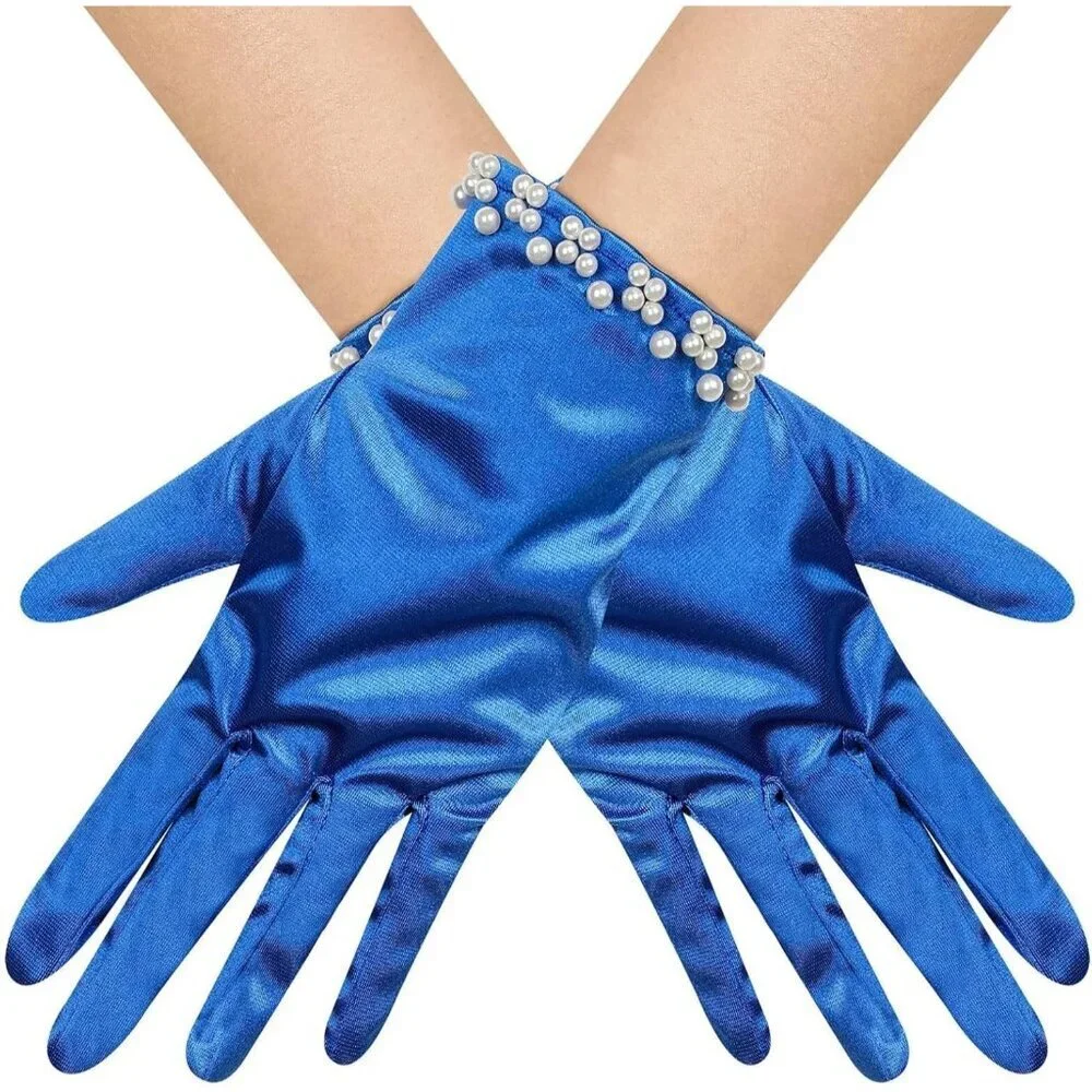 Women's Royal Blue Satin Pearl Short Length Gloves Wedding Banquet Party Prom